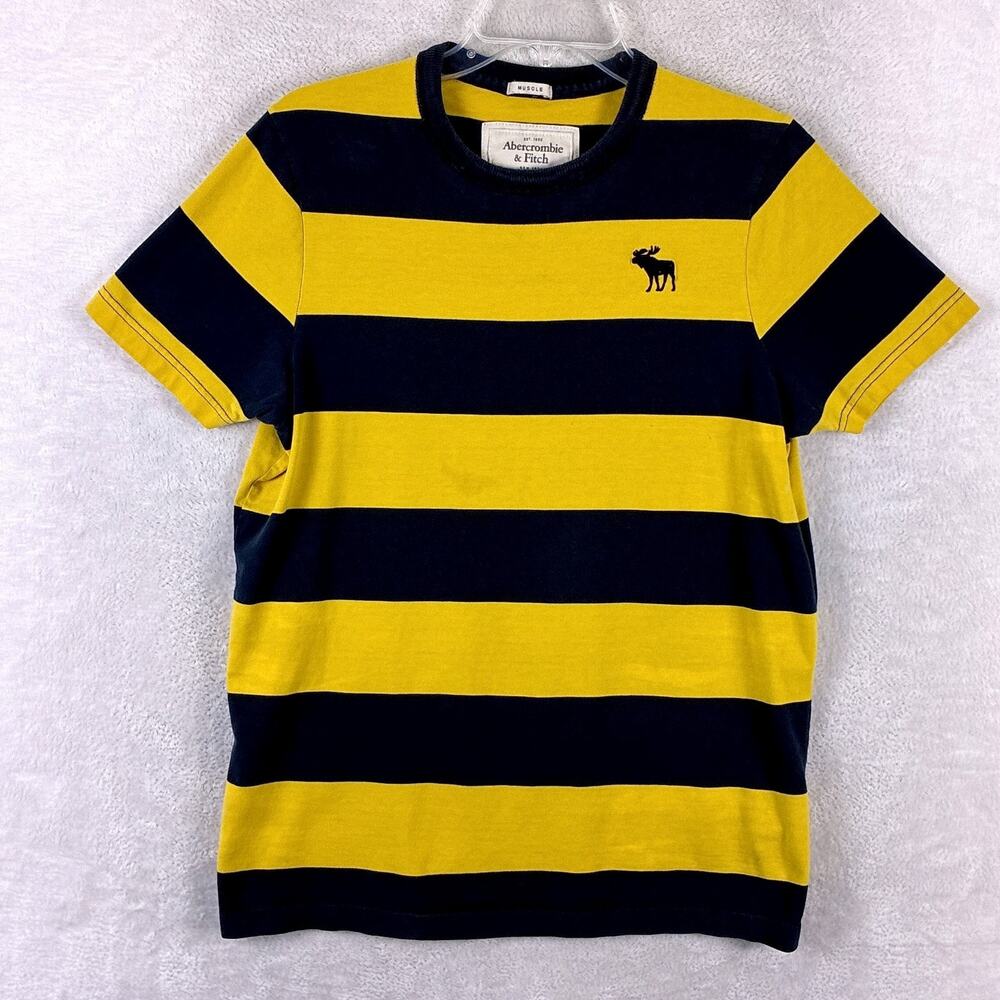 VTG Abercrombie & Fitch Tshirt Men XL Navy Yellow Stripe Muscle Rugby Preppy Y2K